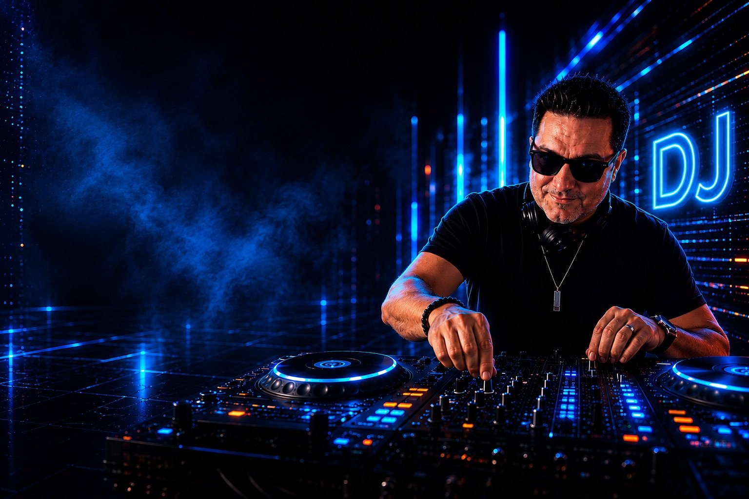 DJ MIKKA aux platines dans une ambiance néon bleue